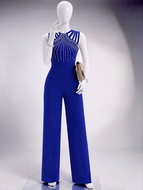 Elegant Royal Blue Beaded Halter Jumpsuit